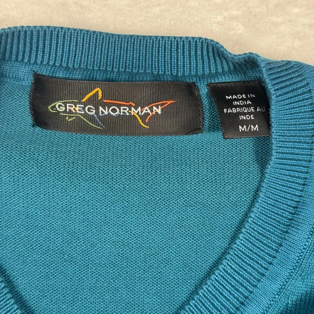 Greg Norman Mens V-Neck Cotton Knit Sweater Teal Blue Shark‎ Logo Size Medium